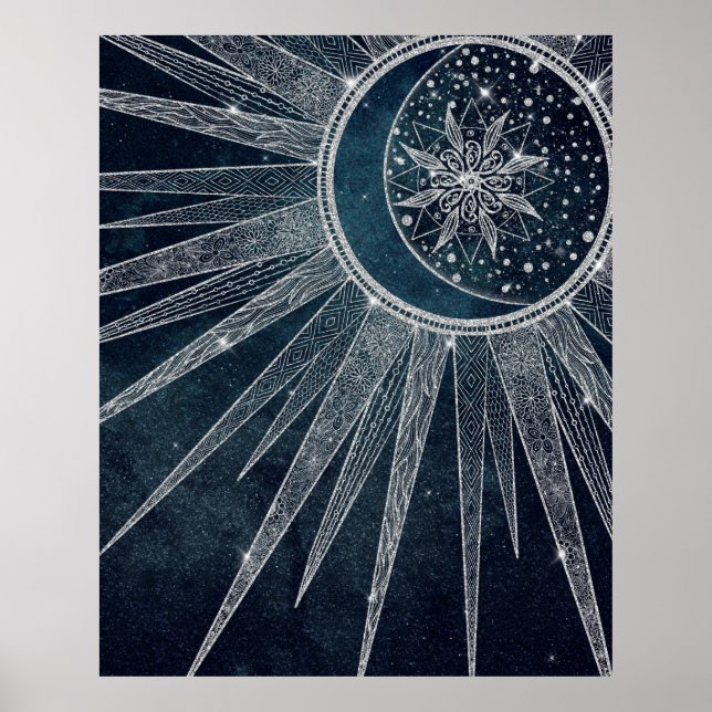 Elegantes Silver Sun Moon Doodle Mandala Blue Desi Poster (Vorne)