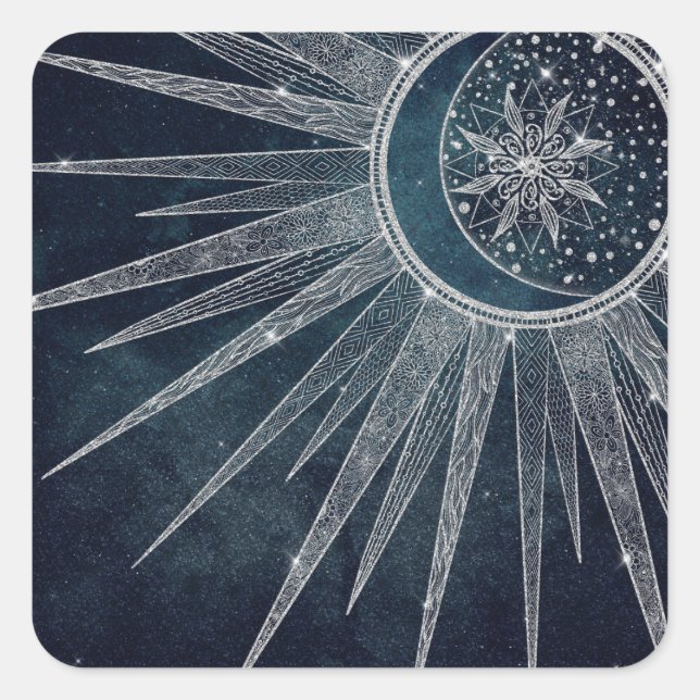 Elegantes Silver Sun Moon Doodle Mandala Blue Desi Quadratischer Aufkleber (Vorderseite)