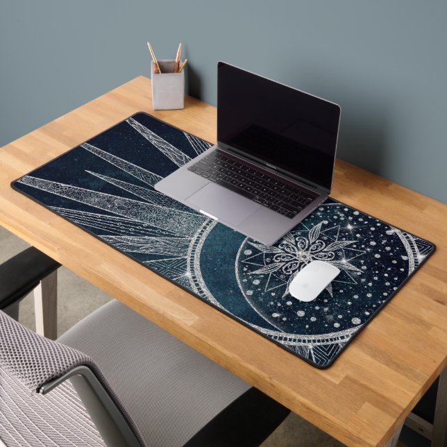 Elegantes Silver Sun Moon Doodle Mandala Blue Desi Schreibtischunterlage (Büro 2)