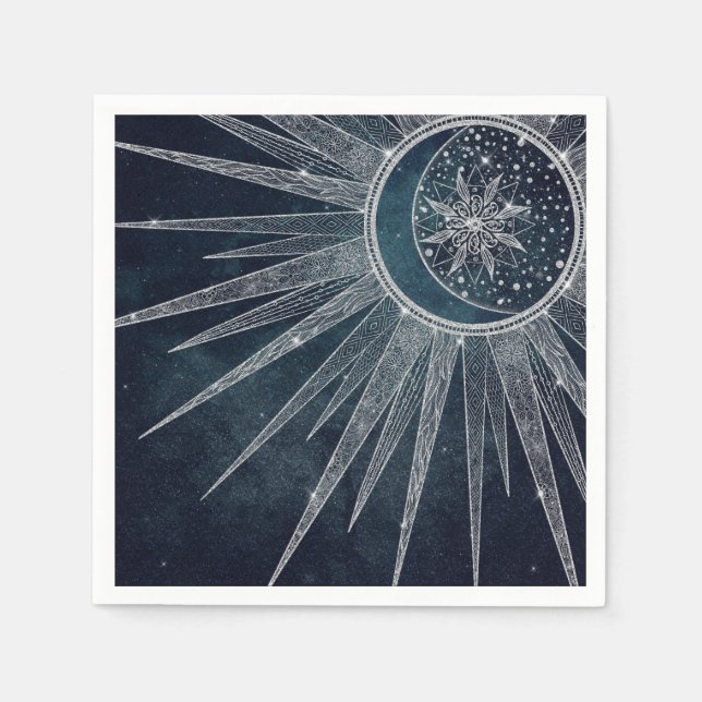 Elegantes Silver Sun Moon Doodle Mandala Blue Desi Serviette (Vorderseite)