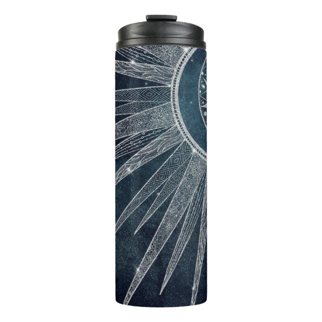 Elegantes Silver Sun Moon Doodle Mandala Blue Desi Thermosbecher (Vorderseite)