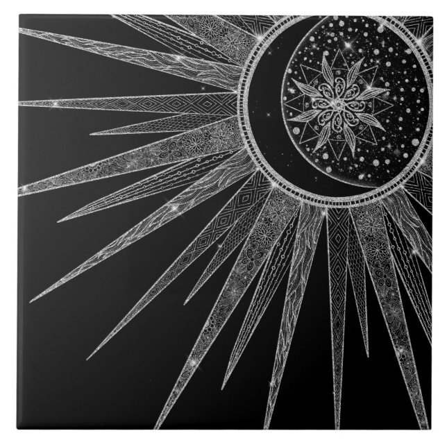 Elegantes Silver Sun Moon Mandala Black Design Fliese (Vorderseite)