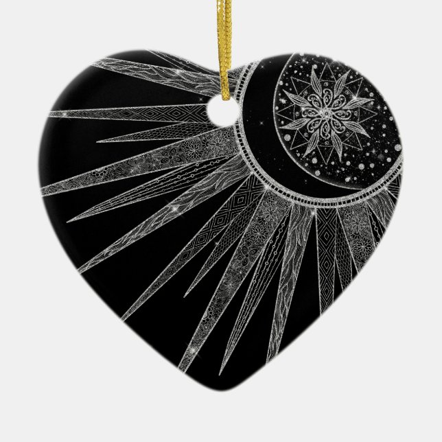 Elegantes Silver Sun Moon Mandala Black Design Keramik Ornament (Vorne)