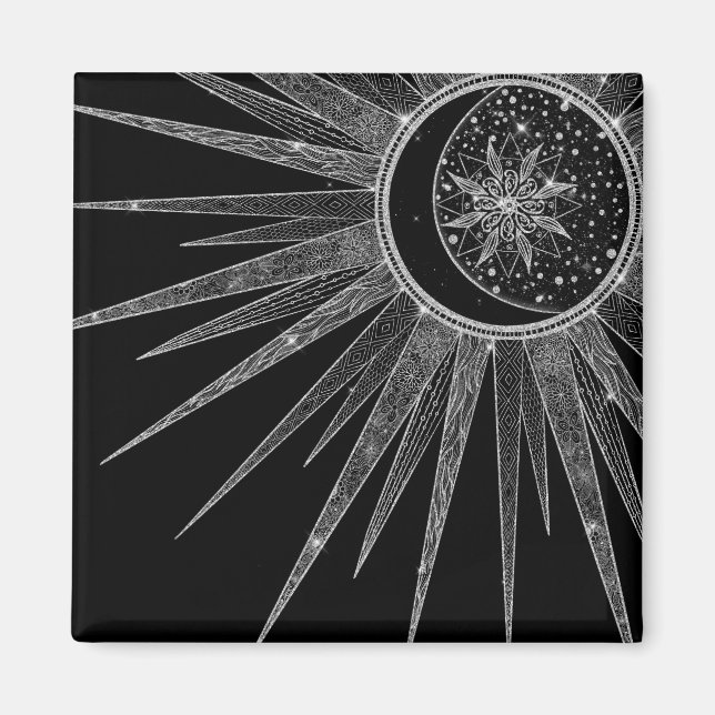 Elegantes Silver Sun Moon Mandala Black Design Magnet (Vorne)