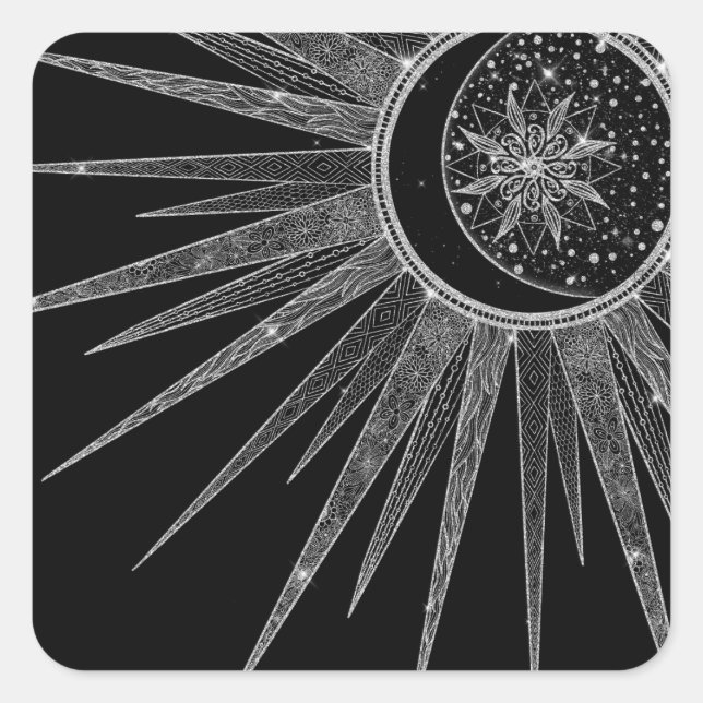 Elegantes Silver Sun Moon Mandala Black Design Quadratischer Aufkleber (Vorderseite)