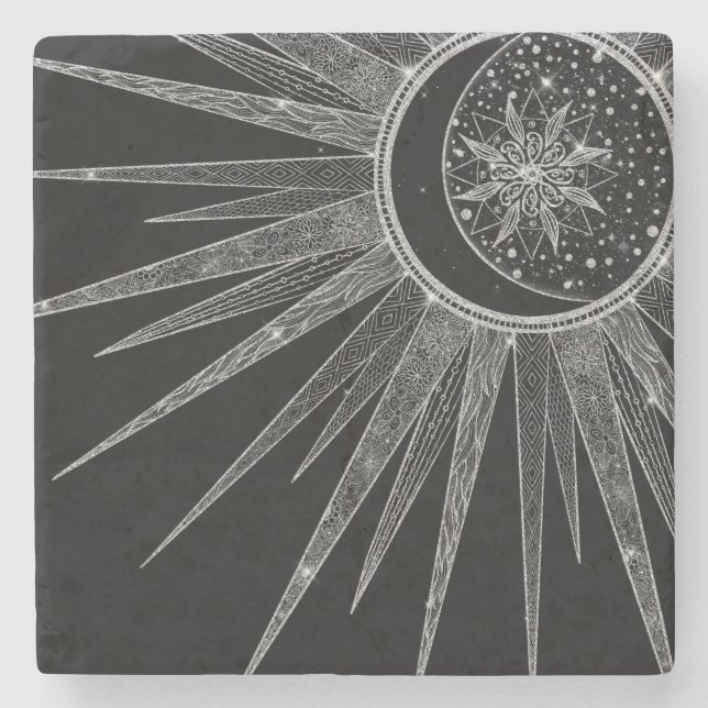 Elegantes Silver Sun Moon Mandala Black Design Steinuntersetzer (Vorderseite)