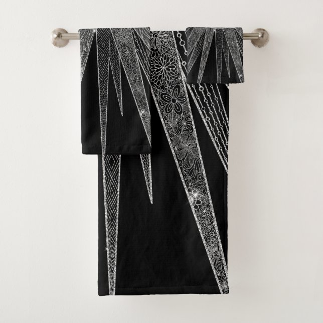 Elegantes Silver Sun Moon Mandala Schwarzes Design Badhandtuch Set (Insitu)