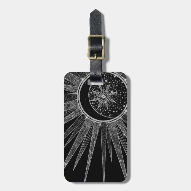 Elegantes Silver Sun Moon Mandala Schwarzes Design Gepäckanhänger (Vorderseite vertikal)