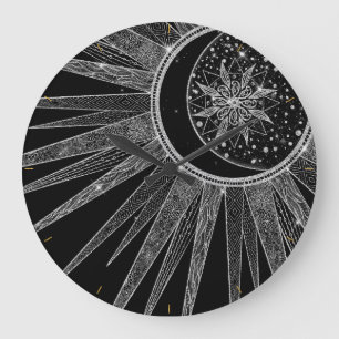 Elegantes Silver Sun Moon Mandala Schwarzes Design Große Wanduhr
