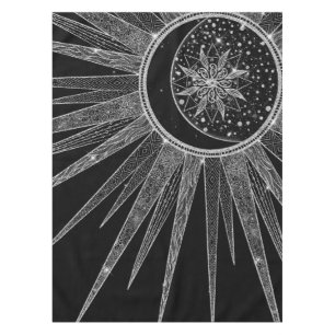 Elegantes Silver Sun Moon Mandala Schwarzes Design Tischdecke
