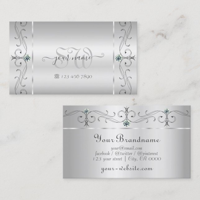Elegantes Silver Verziert Squiggled Jewels Monogra Visitenkarte (Vorne/Hinten)