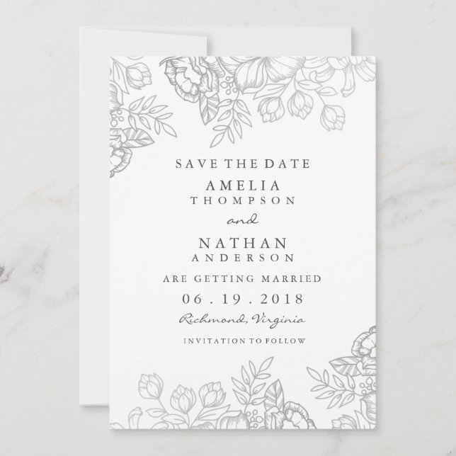 Elegantes Silver Vintag Floral Save the Date (Vorderseite)