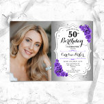 Elegantes Silver White Lila Foto 50. Geburtstag Einladung<br><div class="desc">Elegante florale feminine 50. Geburtstagseinladung mit Ihrem Foto. Glam-Design mit Imitaten Silber. Enthält lila Rose,  Skript-Schriftart und Konfetti. Ideal für ein stilvolles Party für Erwachsene. Personalisieren Sie Ihre persönlichen Daten. Kann für jedes Alter angepasst werden! Gedruckte Zazzle Einladungen oder Sofortdownload digitalen druckbaren Vorlage.</div>