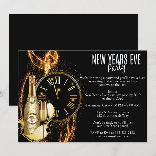 Elegantes Silvester Party Einladung (Vorne/Hinten)