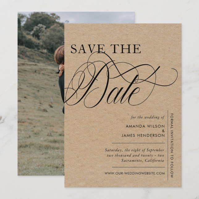 Elegantes Simple Kraft Texture Foto Hochzeit Save The Date (Vorne/Hinten)