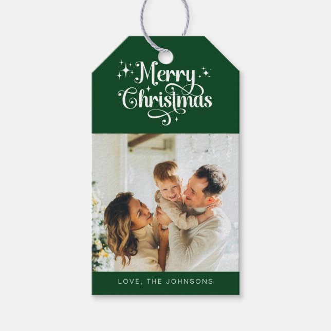 Elegantes Simple Retro Green Frohe Weihnachts-Foto Geschenkanhänger (Vorderseite)