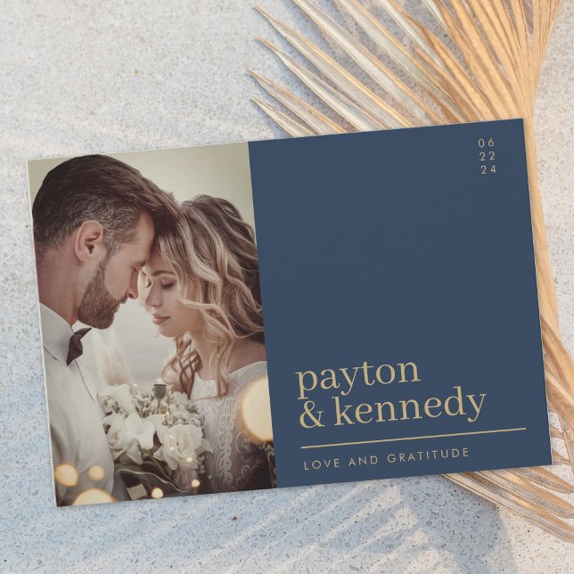 Elegantes Simple Stylish Navy Blue and Gold Foto Dankeskarte (Von Creator hochgeladen)