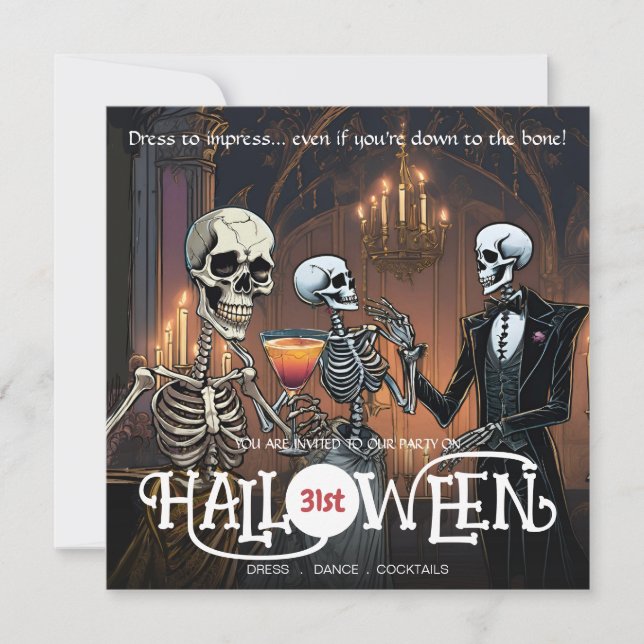 Elegantes Skelettkleid, Tanz & Cocktail Halloween Einladung (Vorderseite)