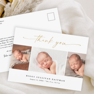 Elegantes Skript 3 Foto-Kollage Baby Dankeschön Postkarte
