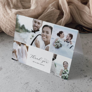 Elegantes Skript 4 FotoCollage Falted Wedding Dankeskarte