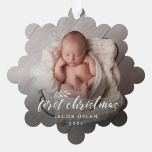 Elegantes Skript Baby Erstes Weihnachten 2 Foto Ornament Karte