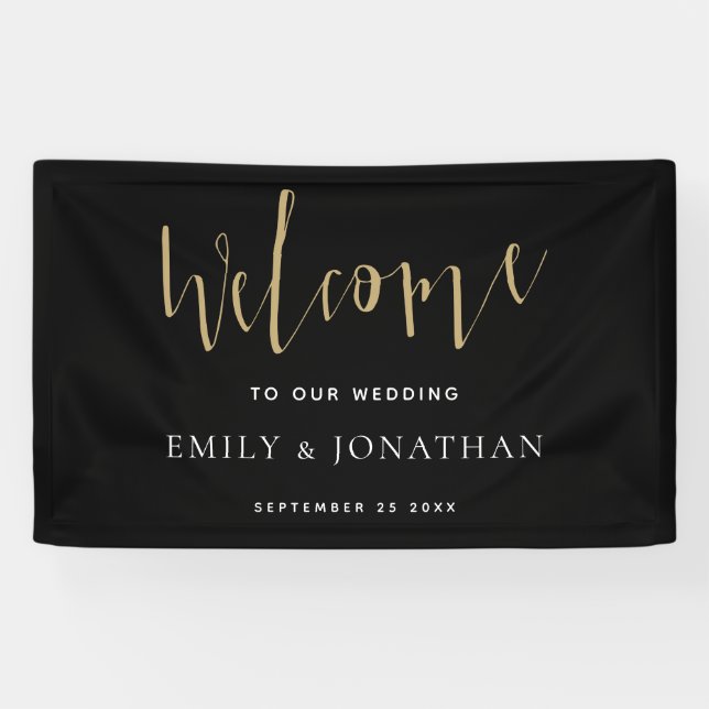 Elegantes Skript Begrüßung Gold Black Banner (Horizontal)