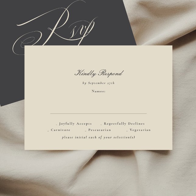 Elegantes Skript Beige Kohle Formal die Hochzeit RSVP Karte (Von Creator hochgeladen)