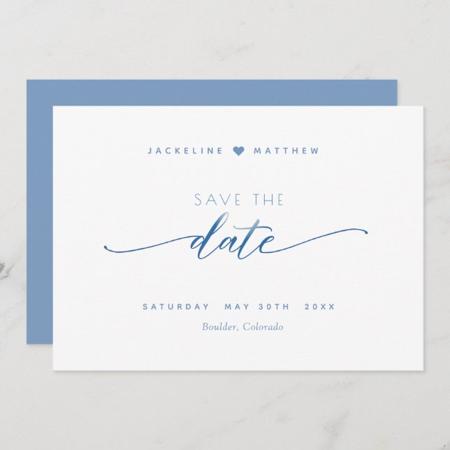 Elegantes Skript, Dusty Blue, einfache Hochzeit Save The Date (Vorne/Hinten)