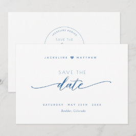 Elegantes Skript, Dusty Blue, White Simple Wedding Save The Date