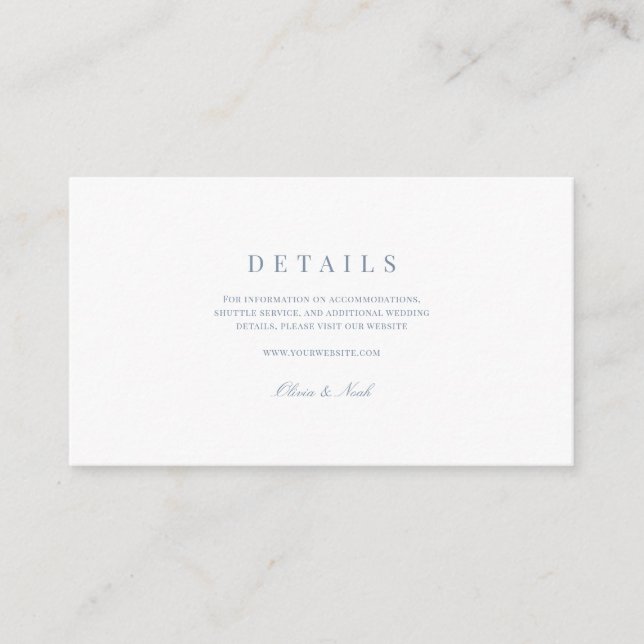 Elegantes Skript Dusty Blue & White Wedding Detail Begleitkarte (Vorderseite)