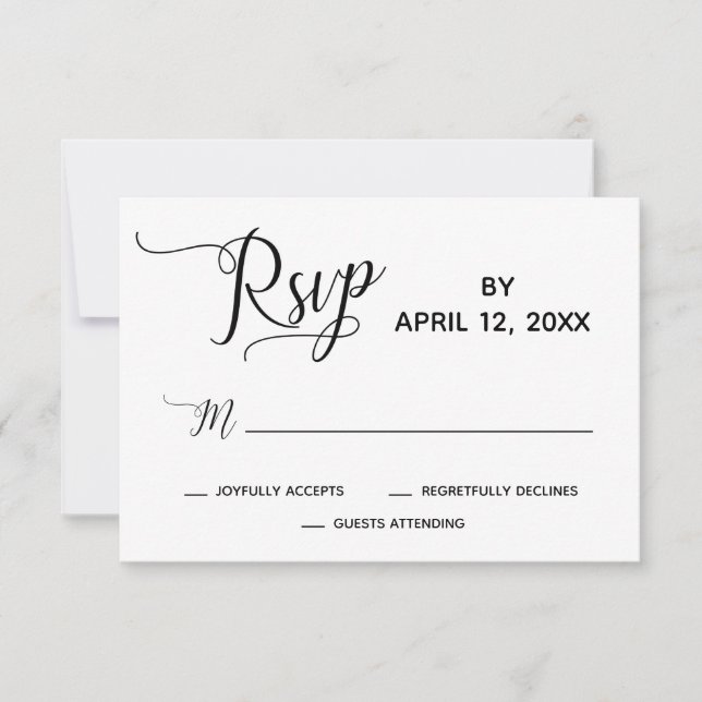Elegantes Skript Einfache Schwarz-weiße Hochzeit R RSVP Karte (Vorderseite)