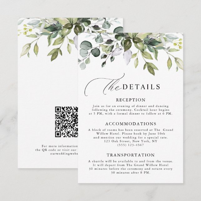 Elegantes Skript-Eukalyptus-Grünflächen-QR-Code-Ho Begleitkarte (Vorne/Hinten)