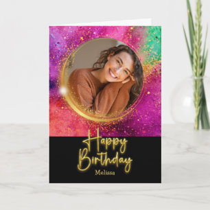 Elegantes Skript Farbiger Glitter-Foto-Geburtstag Karte