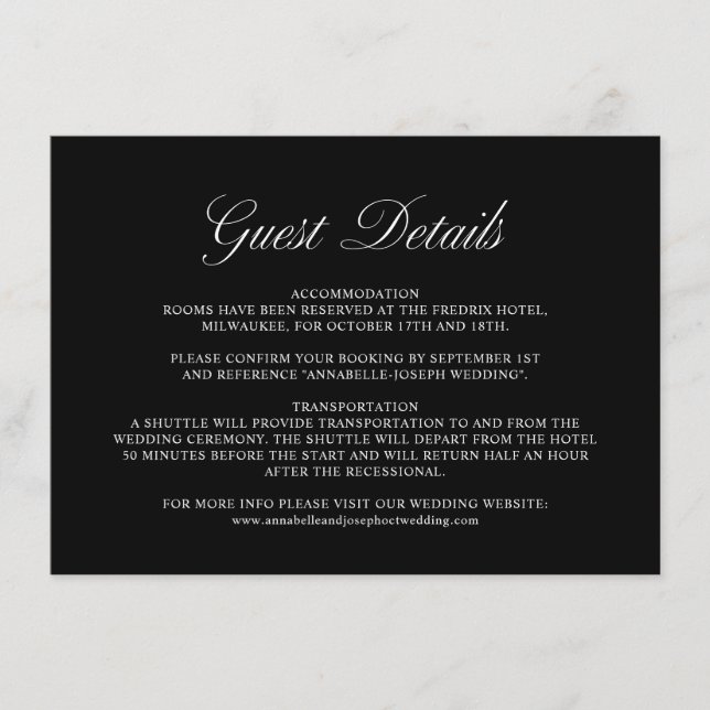 Elegantes Skript Formal Black Wedding Guest Detail Begleitkarte (Vorderseite)