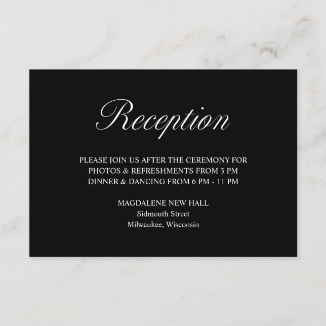 Elegantes Skript formale Schwarze Hochzeit Empfang Begleitkarte (Vorderseite)