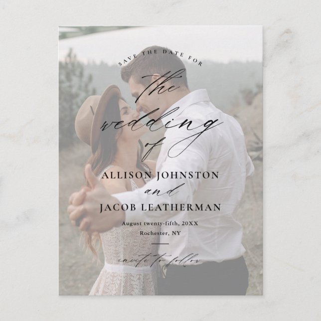 Elegantes Skript-Foto Hochzeit Speichern Sie das D Ankündigungspostkarte (Vorderseite)