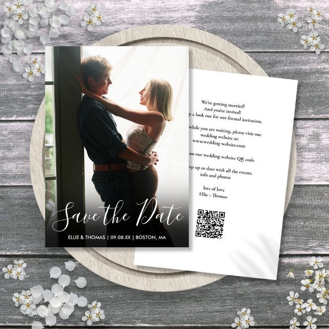 Elegantes Skript-Foto-QR-Code-Hochzeit Save The Date (Elegant Script Photo QR Code Wedding Save The Date)