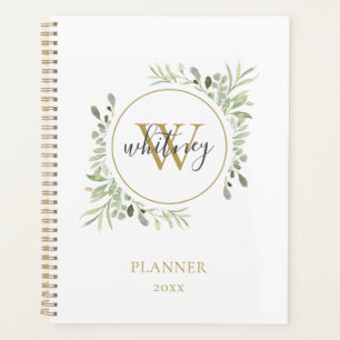 Elegantes Skript Grün Gold Monogramm 2023 Planer