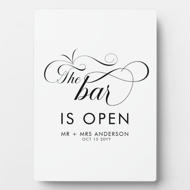 Elegantes Skript Hochzeit Die Bar ist Open Drinks Fotoplatte (Vorderseite)
