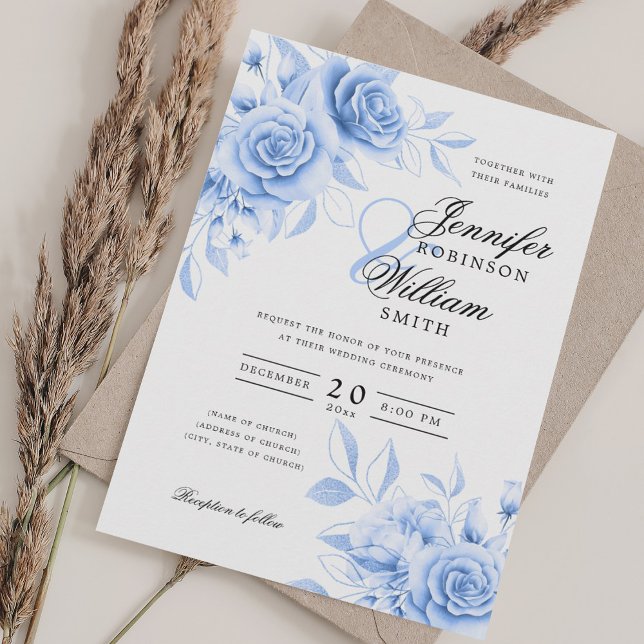 Elegantes Skript Hochzeit Wasserfarbenflora Einladung (Elegant Script Wedding Navy Watercolor Floral Invitation)