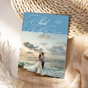 Elegantes Skript Hochzeitsfoto Denim Blau Dankeskarte