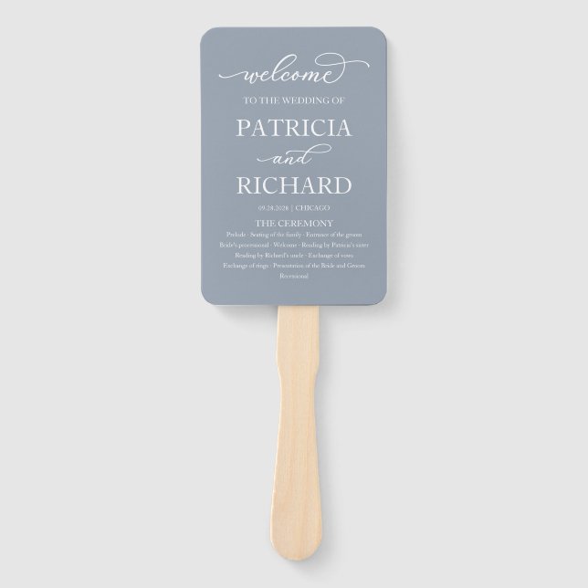 Elegantes Skript Hochzeitsprogramm Dusty Blue Fächer (Vorderseite)