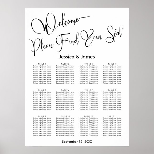 Elegantes Skript Hochzeitssitzdiagramm Poster (Vorne)