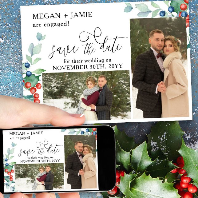 Elegantes Skript Holly Winterbeeren 2 Foto Save The Date (Winter engagement announcement save the date from Winter Berries Wedding suite)