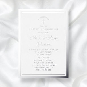 Elegantes Skript Junge Erstkommunion Silber Folieneinladung