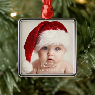 Elegantes Skript Mein 1. Weihnachten Baby-Foto Ornament Aus Metall