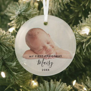 Elegantes Skript Mein erstes Weihnachtsbaby-Foto Ornament Aus Glas