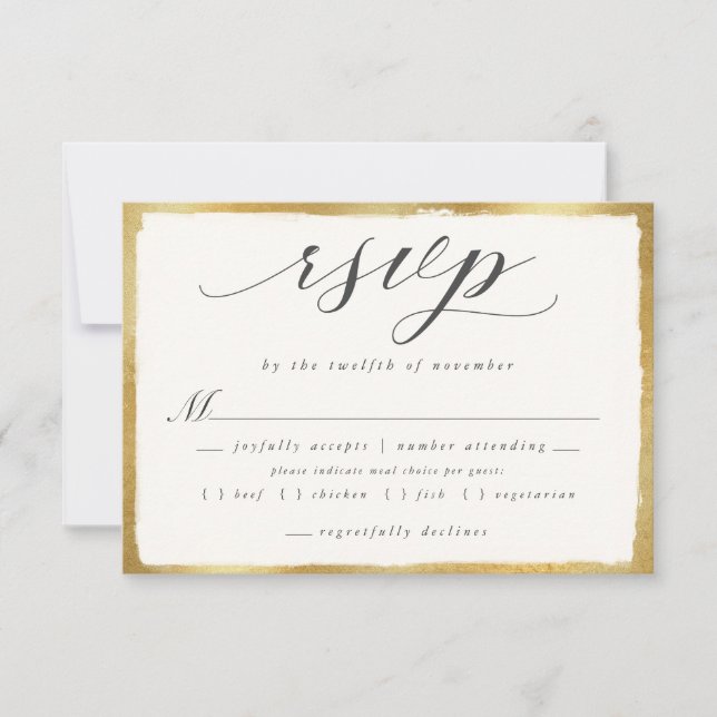 Elegantes Skript mit Goldküche für Hochzeiten RSVP Karte (Vorderseite)