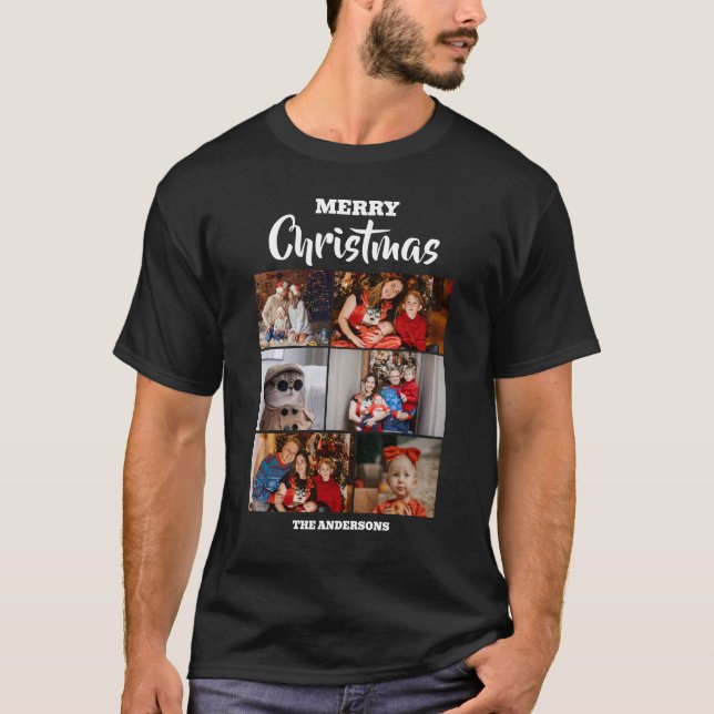 Elegantes Skript Modernes Weihnachtsfamilien-Foto T-Shirt (Vorderseite)