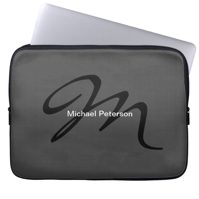 Elegantes Skript Monogramm Initial Modern Grau Laptopschutzhülle (Vorderseite)